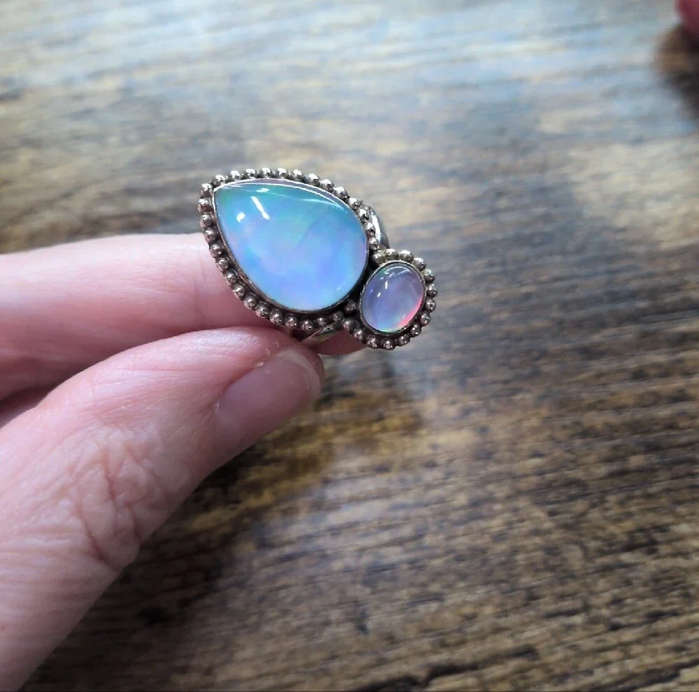 Sterling Teardrop Opal Double Stone Ring - Iridescent Blue-Pink